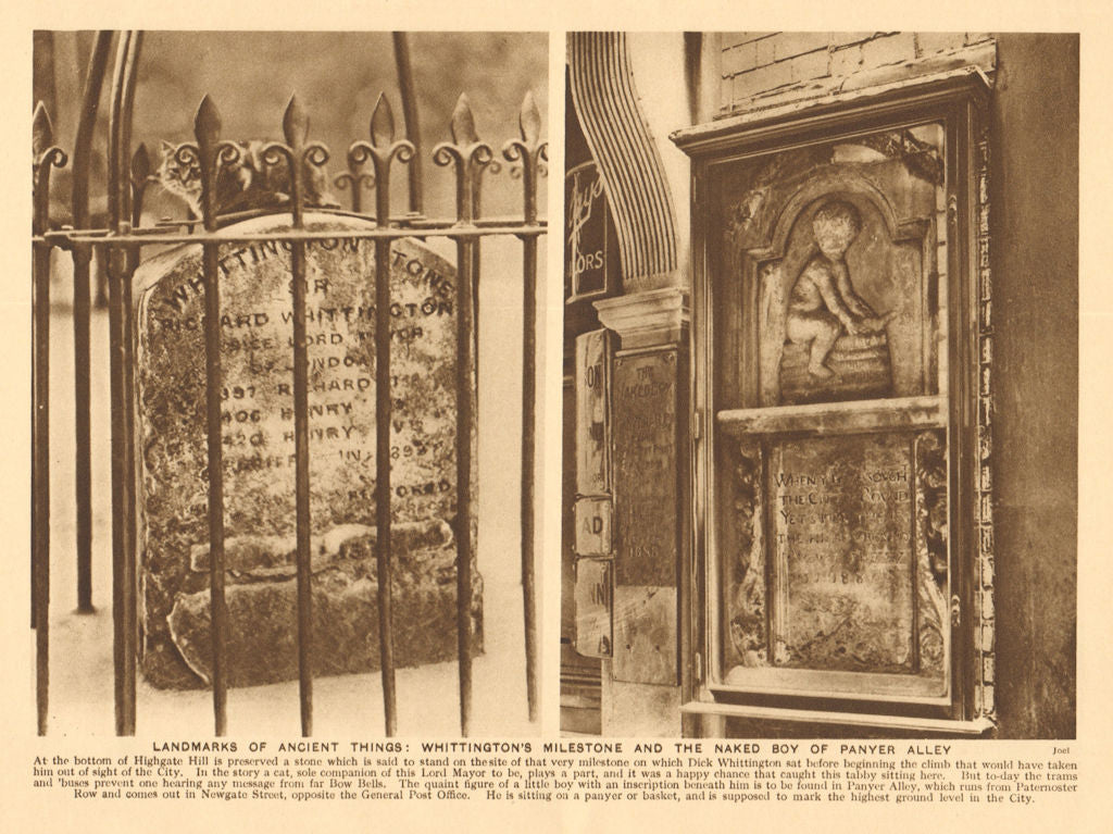 The Whittington Stone, Highgate Hill. Naked boy of Panyer Alley 1926 old print